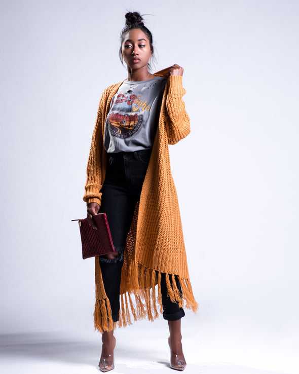 Fringe Maxi Cardi | Mustard